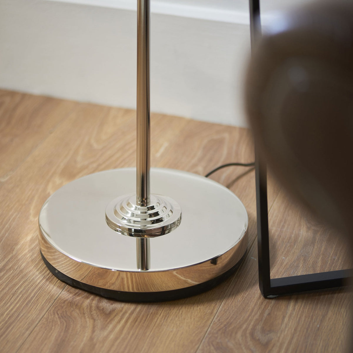 Highclere Single Floor Lamp in Bright Nickel with Charcoal Linen Shade