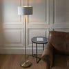 Highclere Single Floor Lamp in Antique Brass with Vintage White Fabric Shade