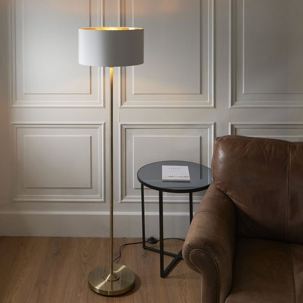 Highclere Single Floor Lamp in Antique Brass with Vintage White Fabric Shade