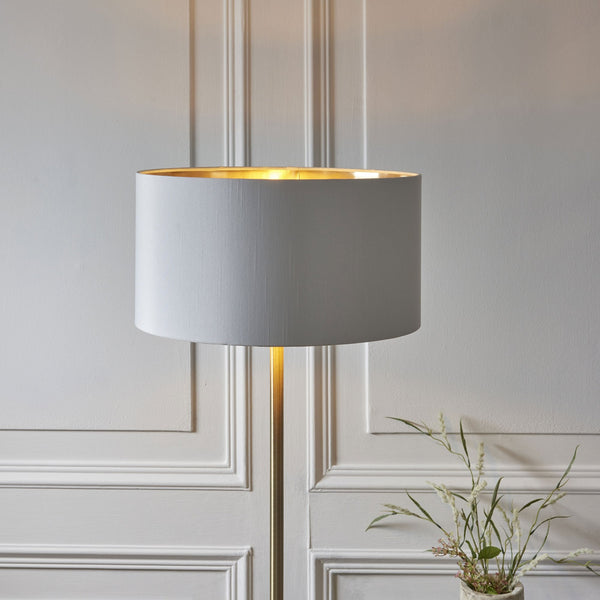 Highclere Single Floor Lamp in Antique Brass with Vintage White Fabric Shade