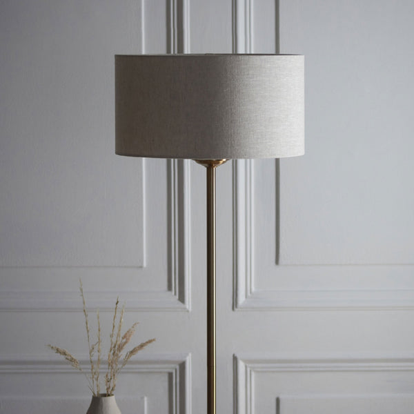 Highclere Single Floor Lamp in Vintage Brass with Natural Linen Shade