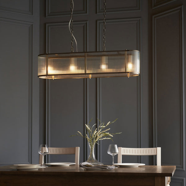Ridgeton Linear Pendant Light in Antique Brass & Clear Ribbed Glass