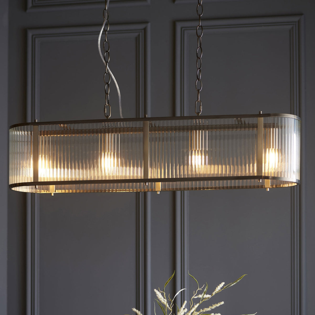 Ridgeton Linear Pendant Light in Antique Brass & Clear Ribbed Glass