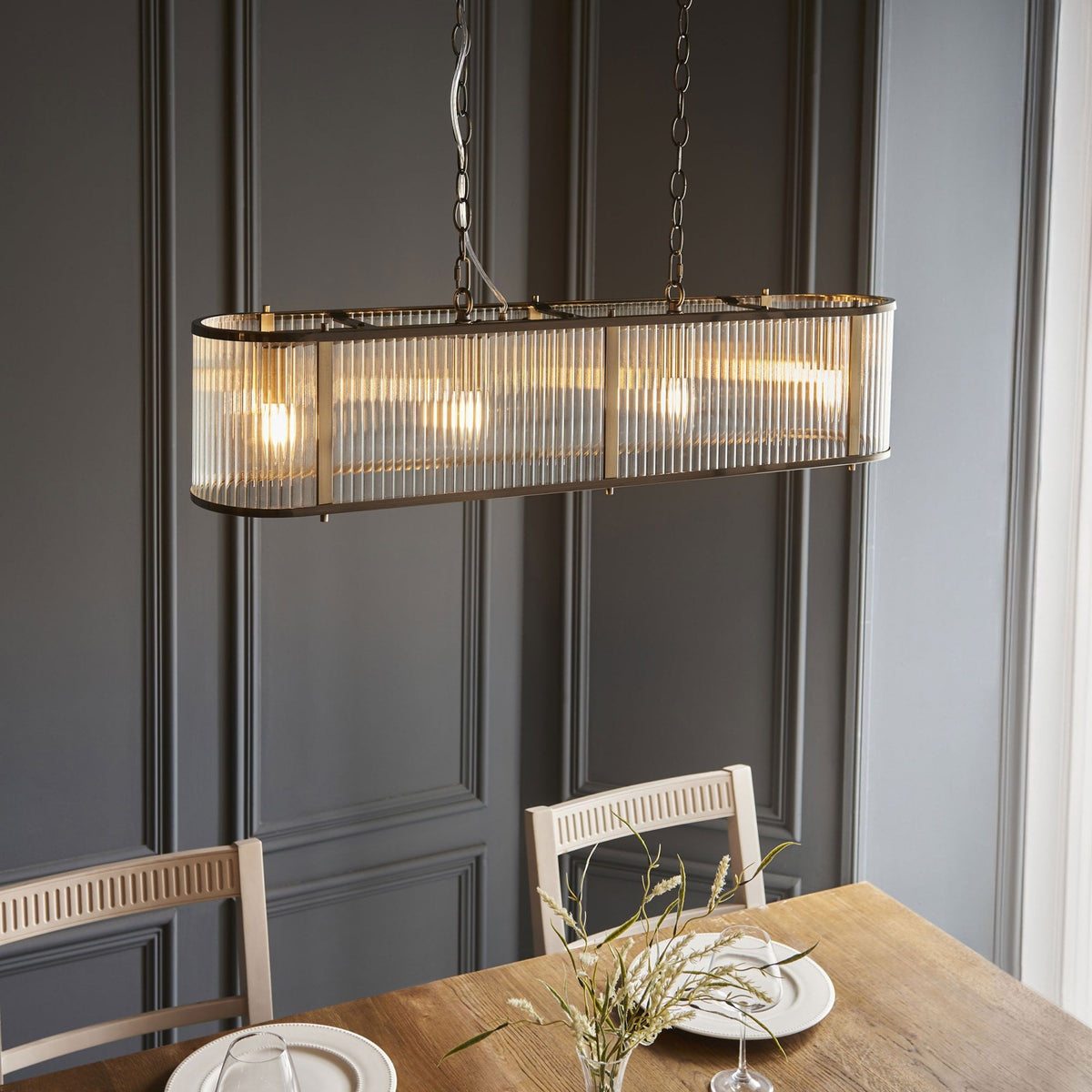Ridgeton Linear Pendant Light in Antique Brass & Clear Ribbed Glass