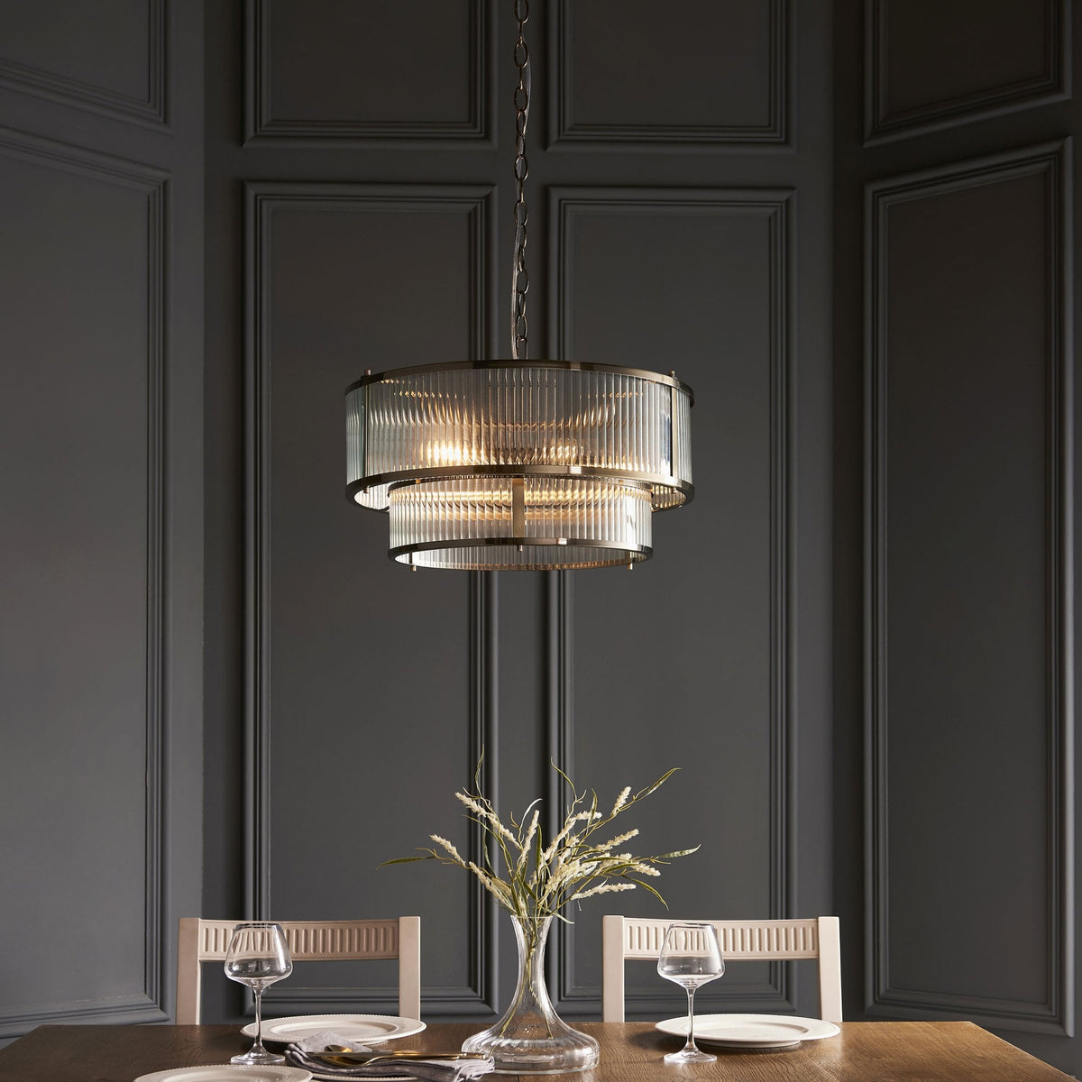 Ridgeton Double Tier Pendant Light in Antique Brass & Clear Ribbed Glass