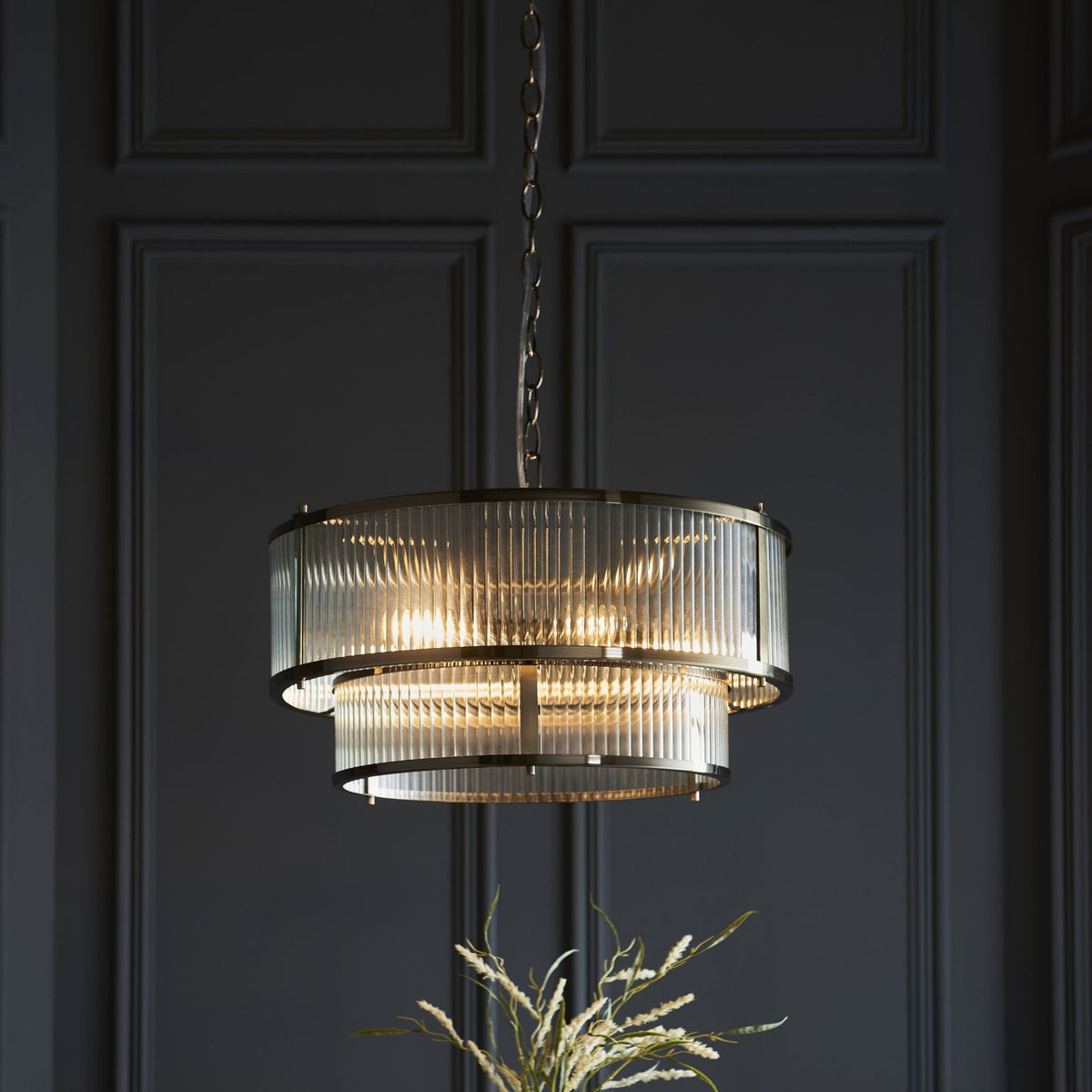 Ridgeton Double Tier Pendant Light in Antique Brass & Clear Ribbed Glass