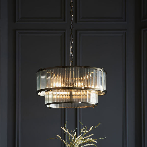 Ridgeton Double Tier Pendant Light in Antique Brass & Clear Ribbed Glass