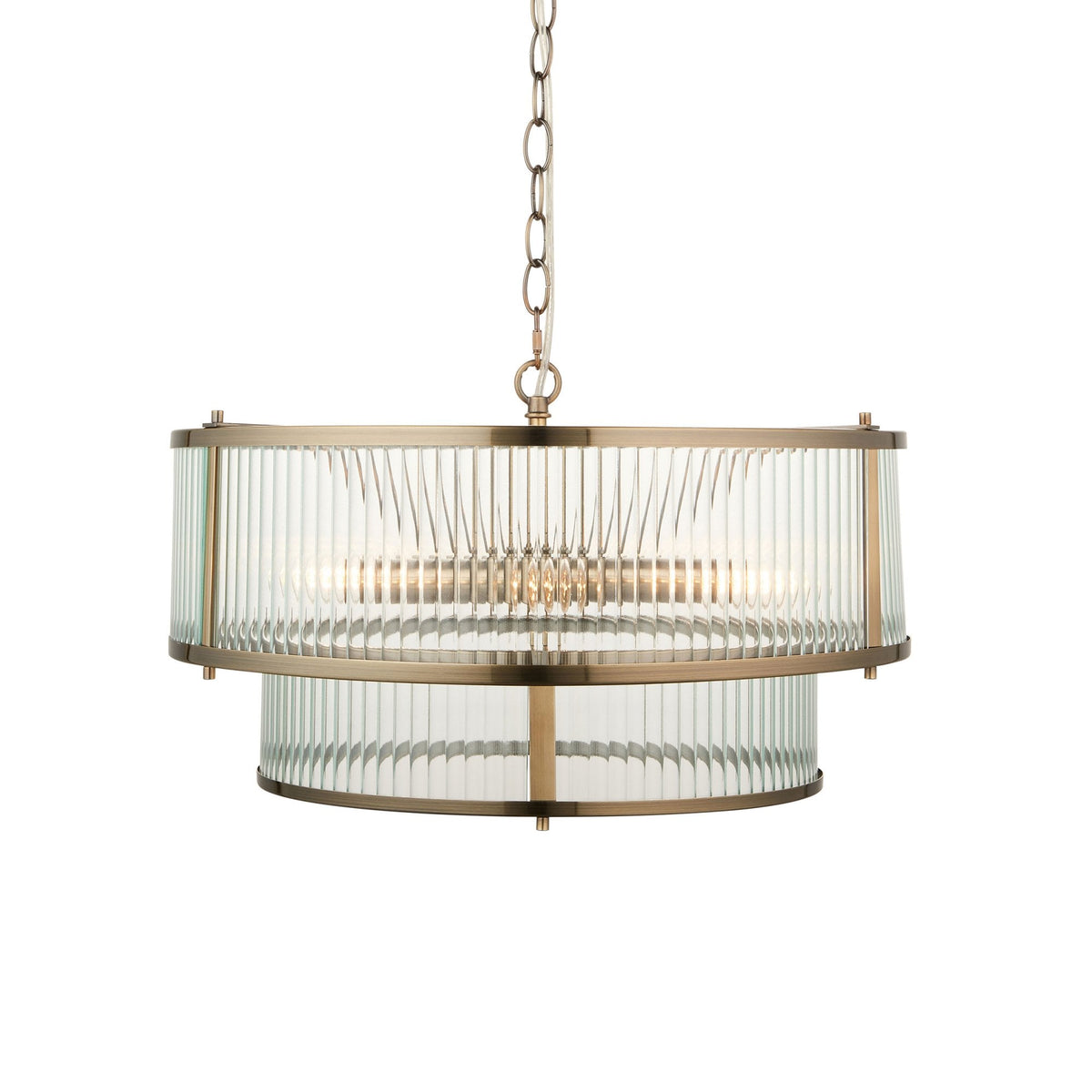 Ridgeton Double Tier Pendant Light in Antique Brass & Clear Ribbed Glass