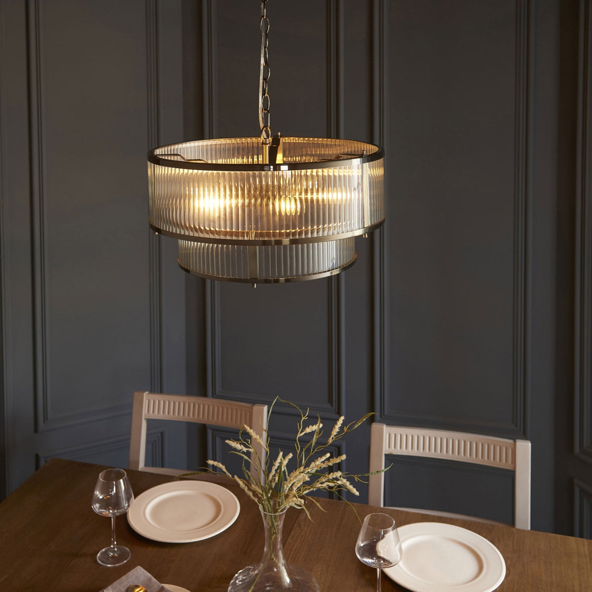 Ridgeton Double Tier Pendant Light in Antique Brass & Clear Ribbed Glass