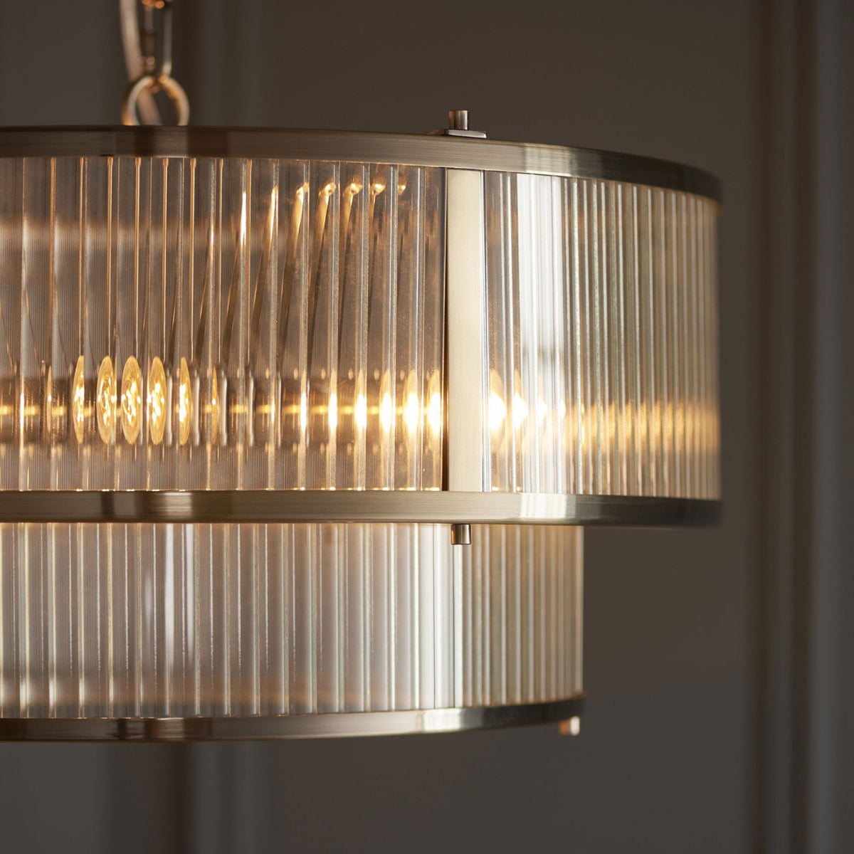 Ridgeton Double Tier Pendant Light in Antique Brass & Clear Ribbed Glass
