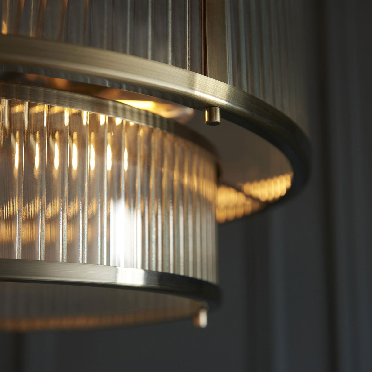 Ridgeton Double Tier Pendant Light in Antique Brass & Clear Ribbed Glass