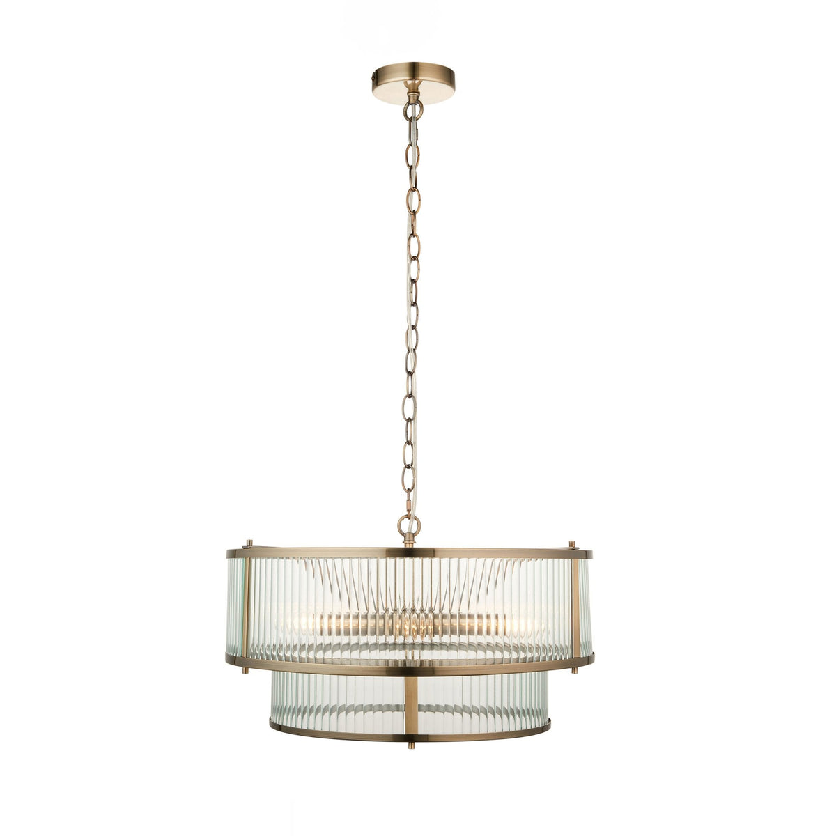 Ridgeton Double Tier Pendant Light in Antique Brass & Clear Ribbed Glass