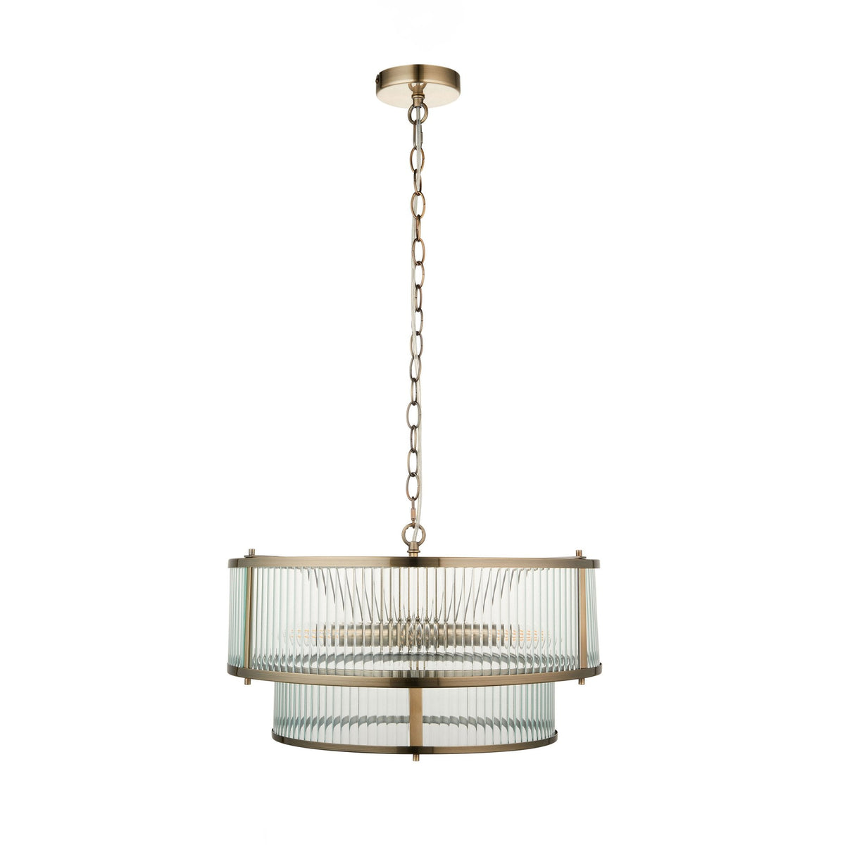 Ridgeton Double Tier Pendant Light in Antique Brass & Clear Ribbed Glass