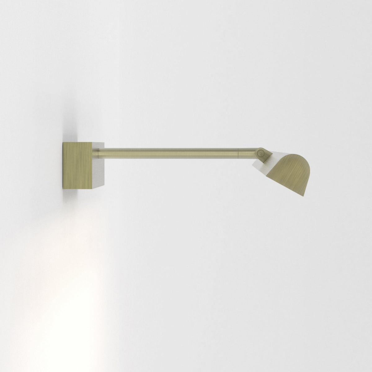 Brass wall-mounted picture light with a rectangular base and a long, thin arm extending to the right