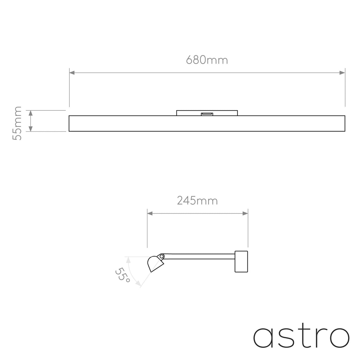 Astro light fixture technical drawing with dimensions 680mm length, 55mm height, 245mm projection, and 55 degree angle