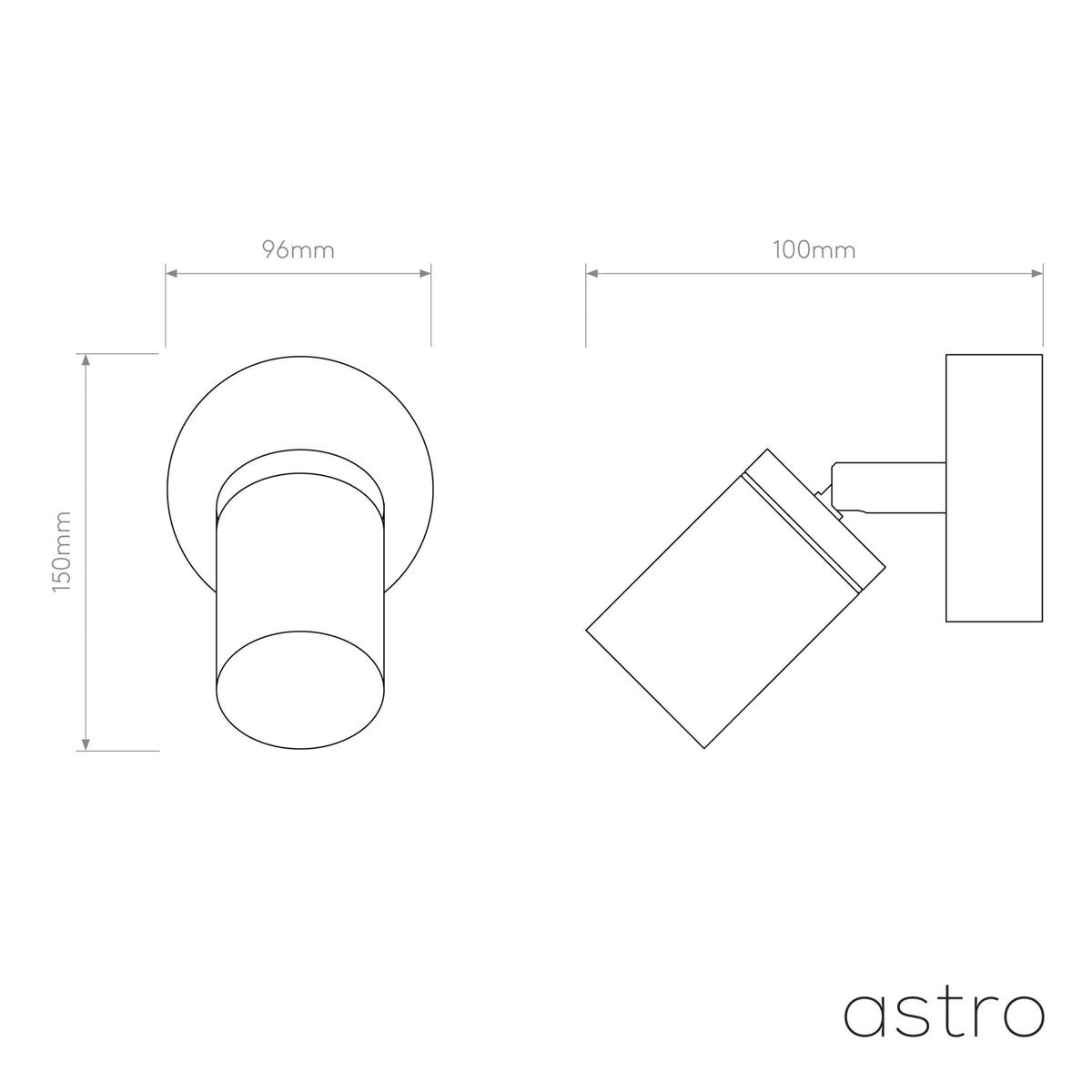 Technical drawing of the Astro spotlight showing front and side views with dimensions