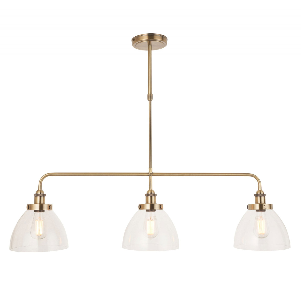Hansen Triple Light Linear Pendant in Antique Brass and Clear Glass Shades