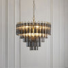 Toulouse Twelve Light Tiered Pendant in Brushed Gold with Ribbed Cylindrical Smokey Glass
