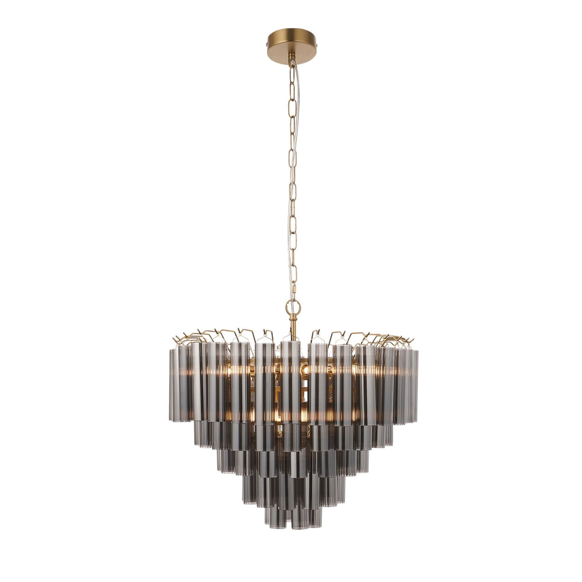 Toulouse Twelve Light Tiered Pendant in Brushed Gold with Ribbed Cylindrical Smokey Glass