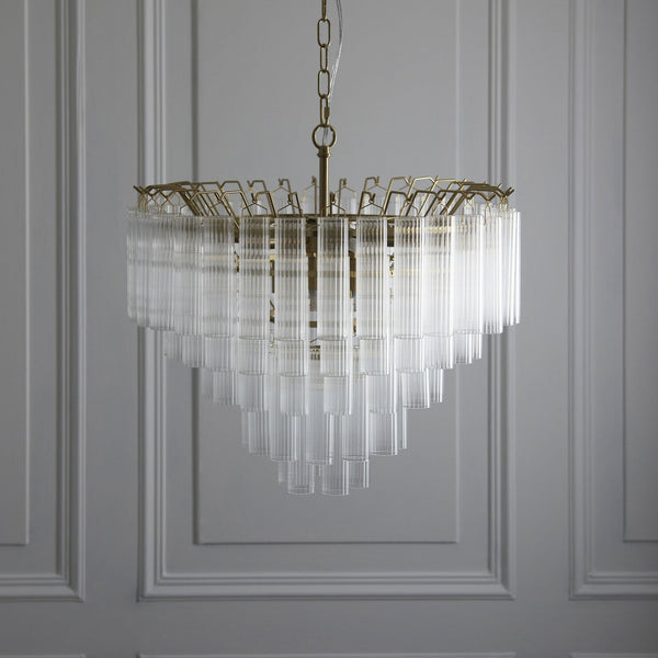 Toulouse Twelve Light Tiered Pendant in Brushed Gold with Ribbed Cylindrical Clear Glass