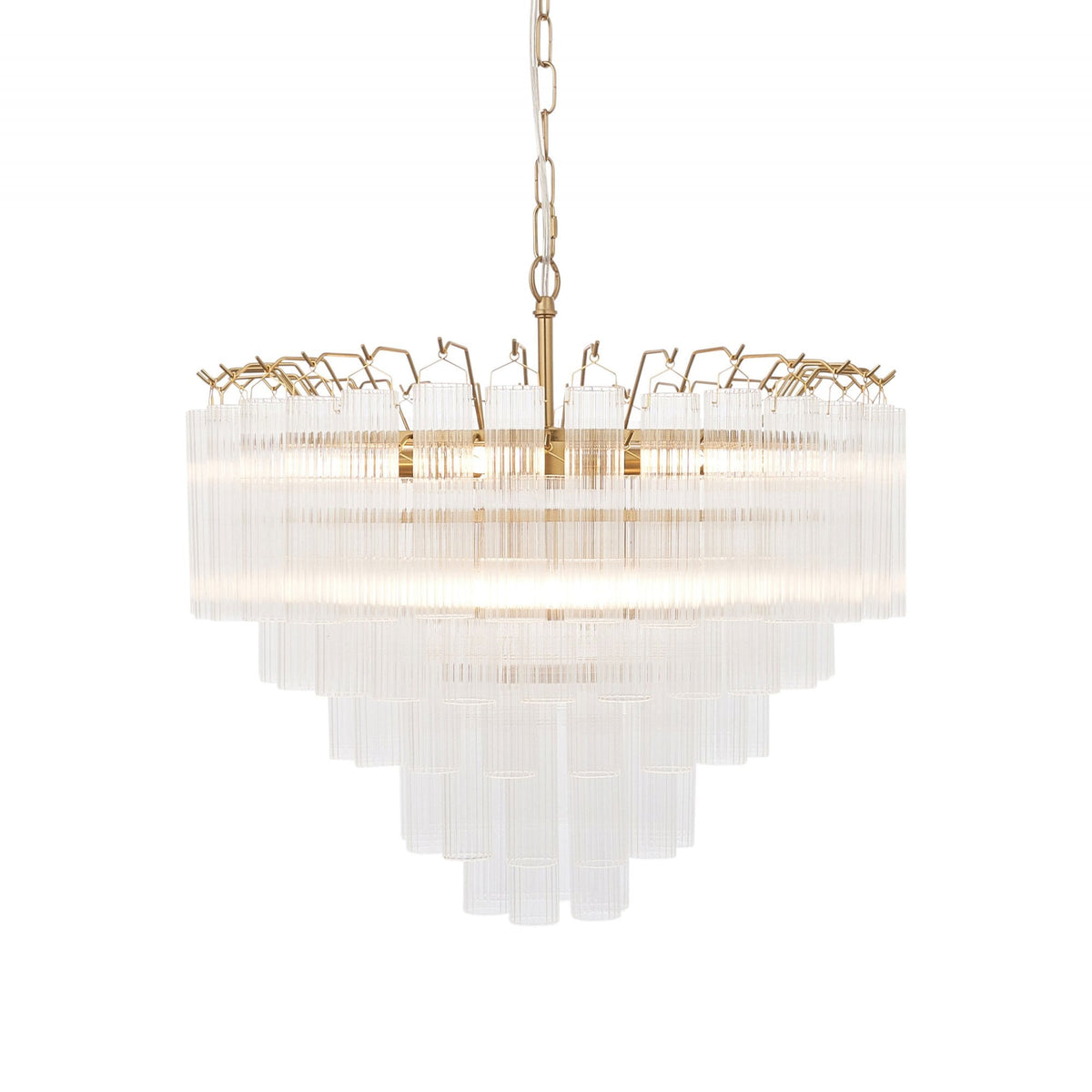 Toulouse Twelve Light Tiered Pendant in Brushed Gold with Ribbed Cylindrical Clear Glass