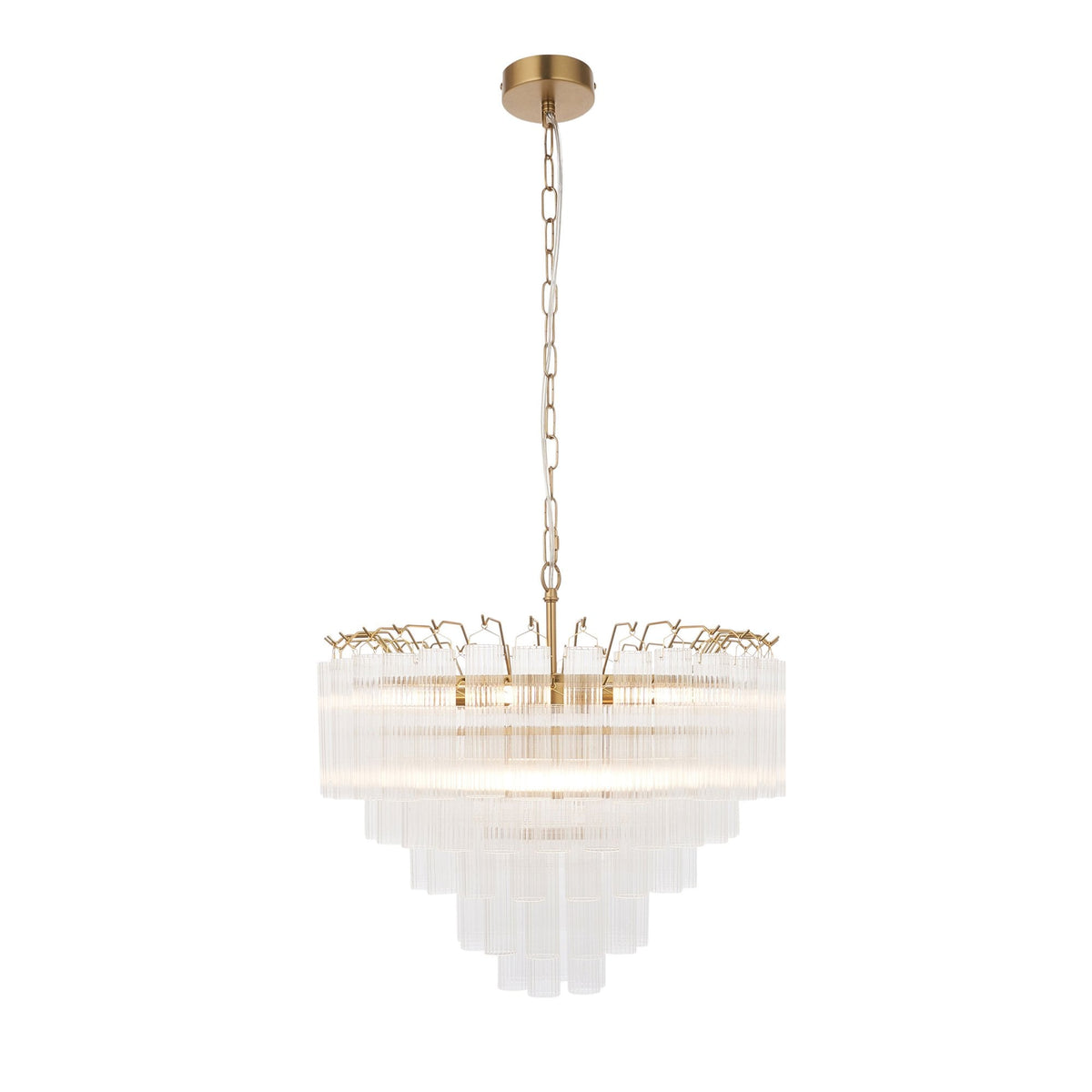 Toulouse Twelve Light Tiered Pendant in Brushed Gold with Ribbed Cylindrical Clear Glass