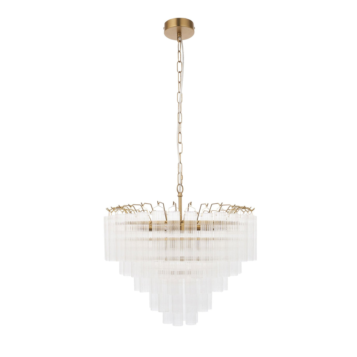 Toulouse Twelve Light Tiered Pendant in Brushed Gold with Ribbed Cylindrical Clear Glass