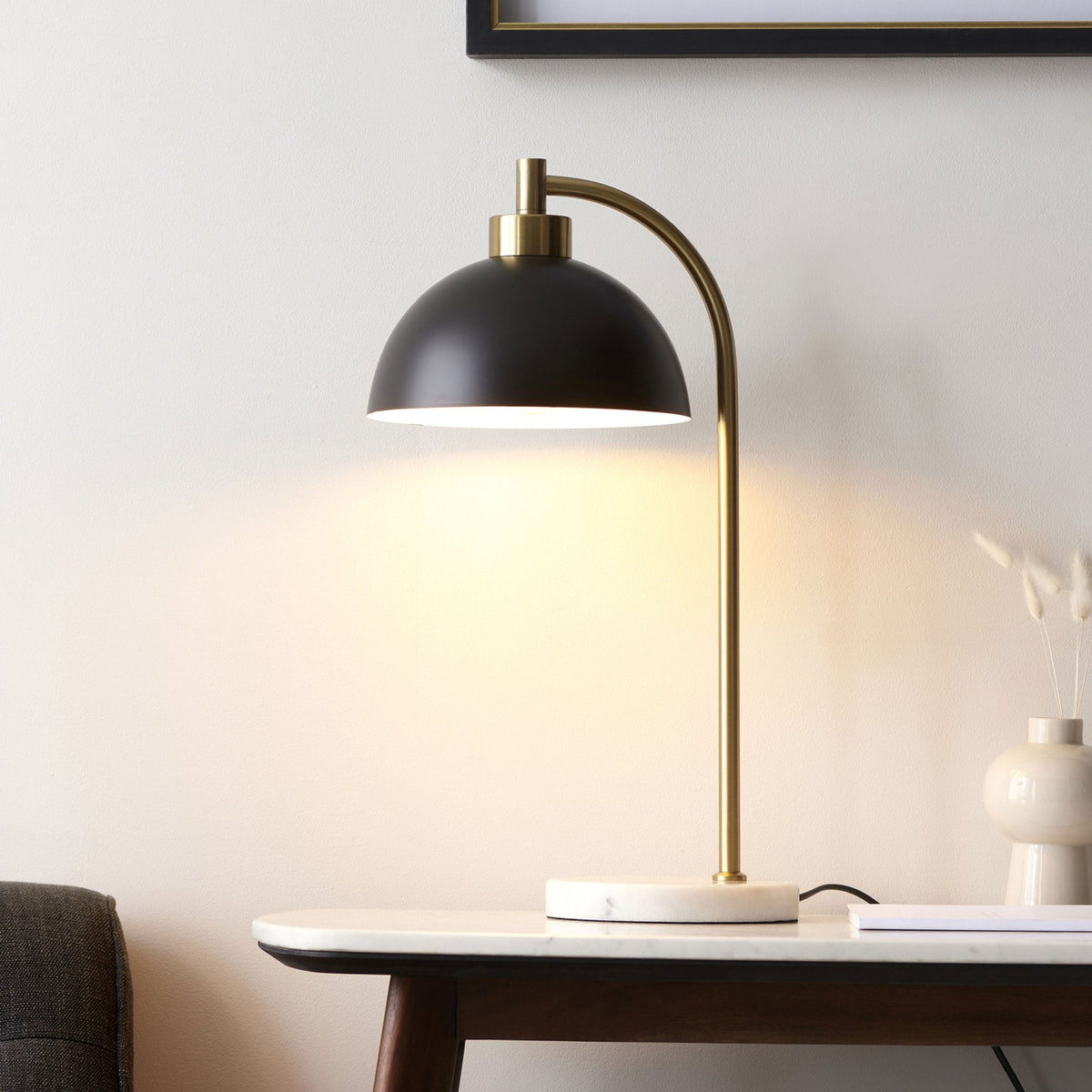 Buchanan Task Table Lamp in Antique Brass and Matt Black with White & Grey Marble Base