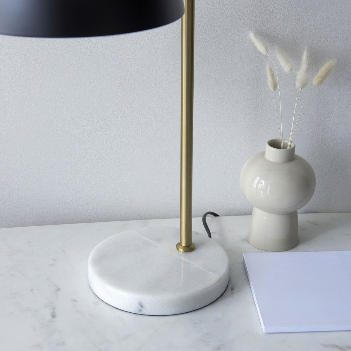 Buchanan Task Table Lamp in Antique Brass and Matt Black with White & Grey Marble Base