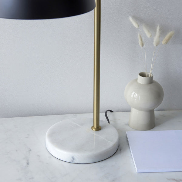 Buchanan Task Table Lamp in Antique Brass and Matt Black with White & Grey Marble Base