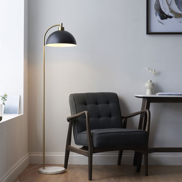 Buchanan Task Floor Lamp in Antique Brass and Matt Black with White & Grey Marble Base