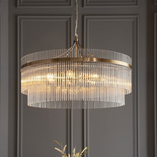 Marietta Grand Seven Light Pendant Chandelier in Antique Brass with Clear Glass Rods