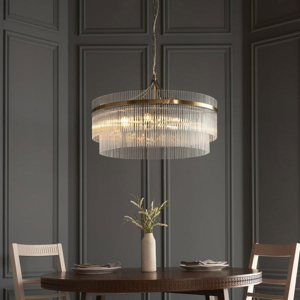 Marietta Grand Seven Light Pendant Chandelier in Antique Brass with Clear Glass Rods