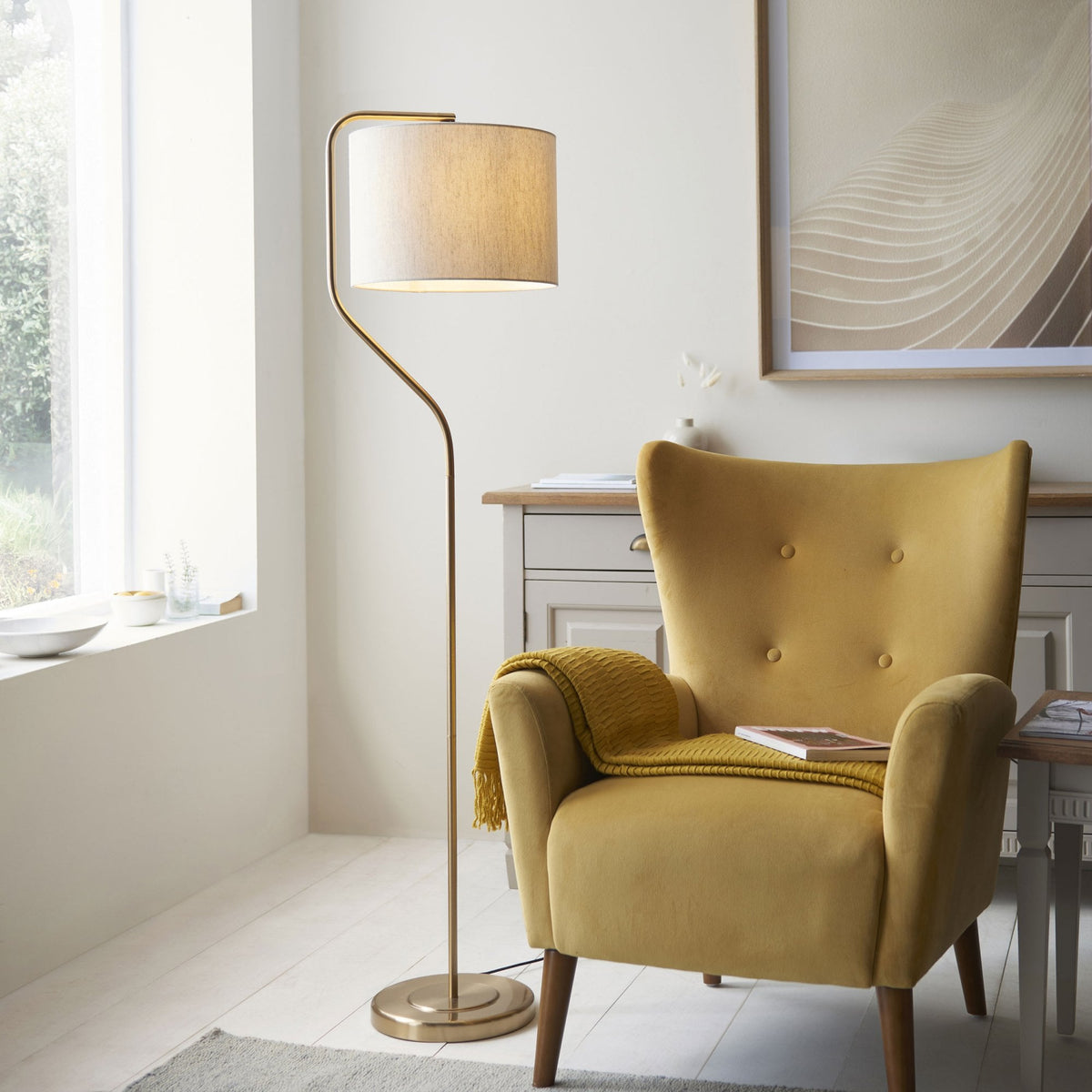 Clement Adjustable Single Floor Lamp in Brushed Aged Brass with Natural Linen Shade