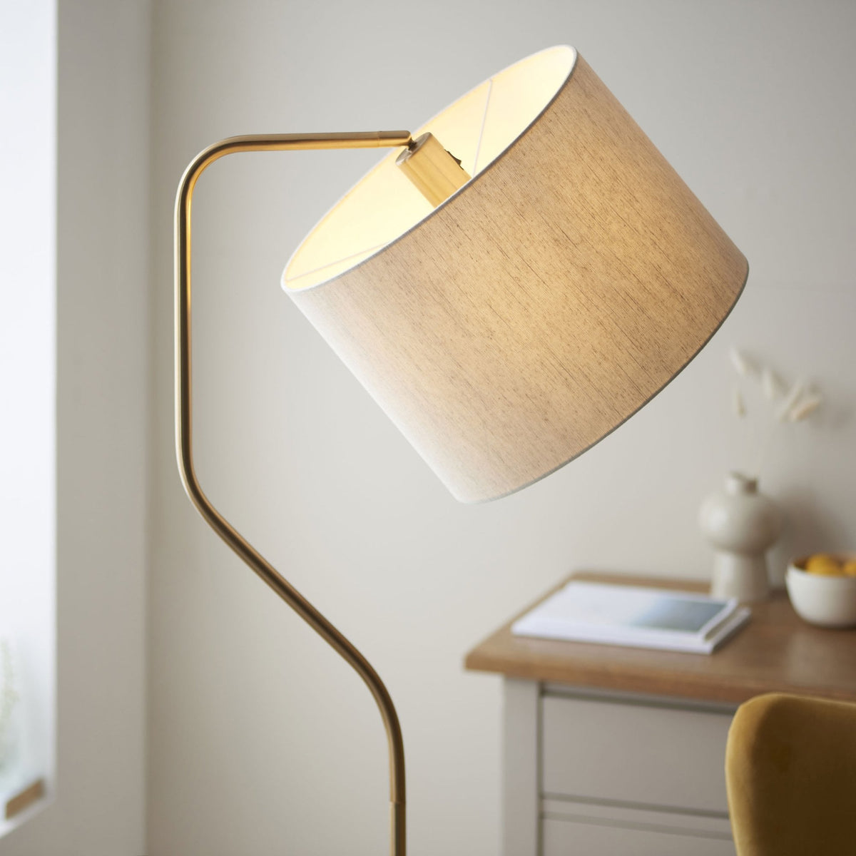 Clement Adjustable Single Floor Lamp in Brushed Aged Brass with Natural Linen Shade