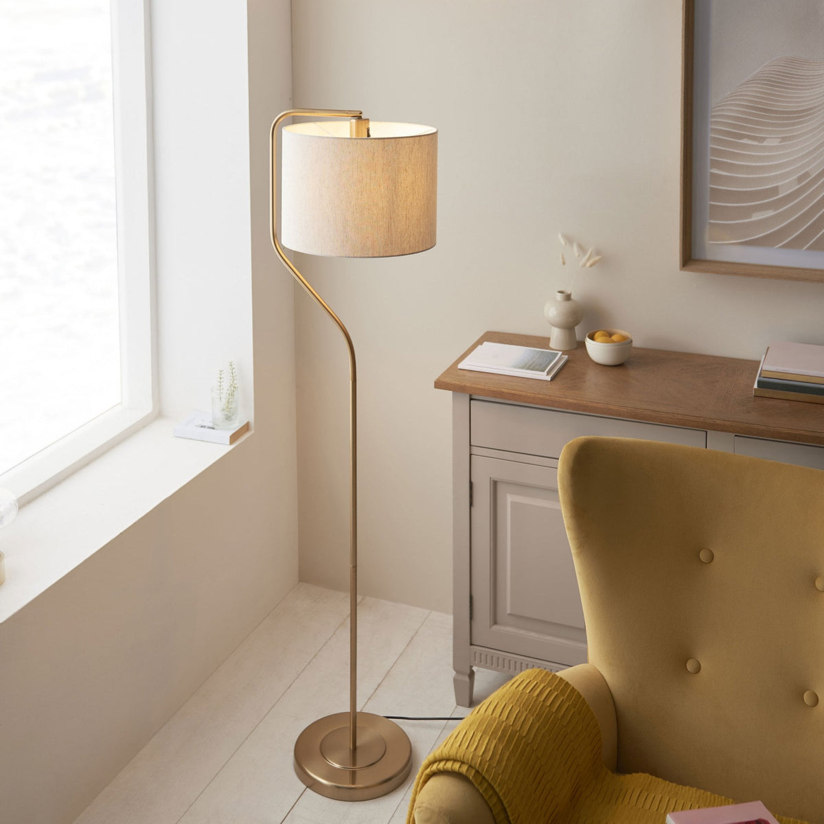 Clement Adjustable Single Floor Lamp in Brushed Aged Brass with Natural Linen Shade