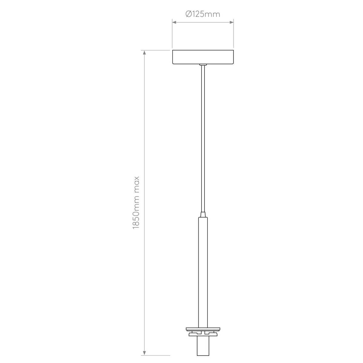 Line drawing of a pendant light with dimensions: 125mm diameter and 1850mm maximum length