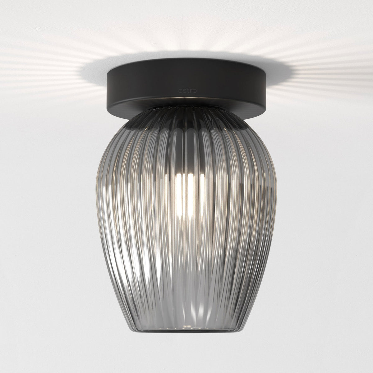 A modern black ceiling light with a ribbed, smokey-grey glass shade.