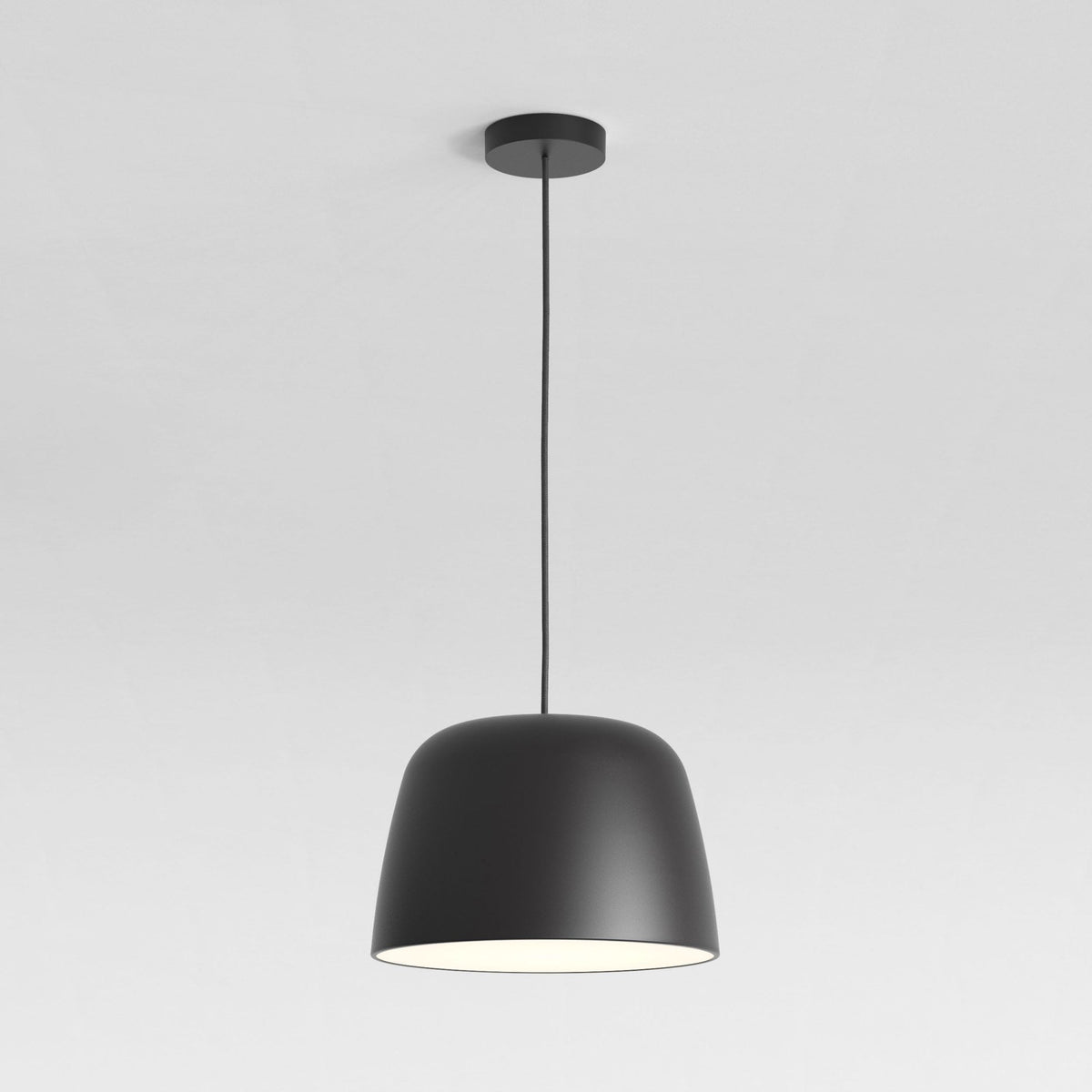 Black pendant light with a wide, bell-shaped shade and a circular ceiling mount