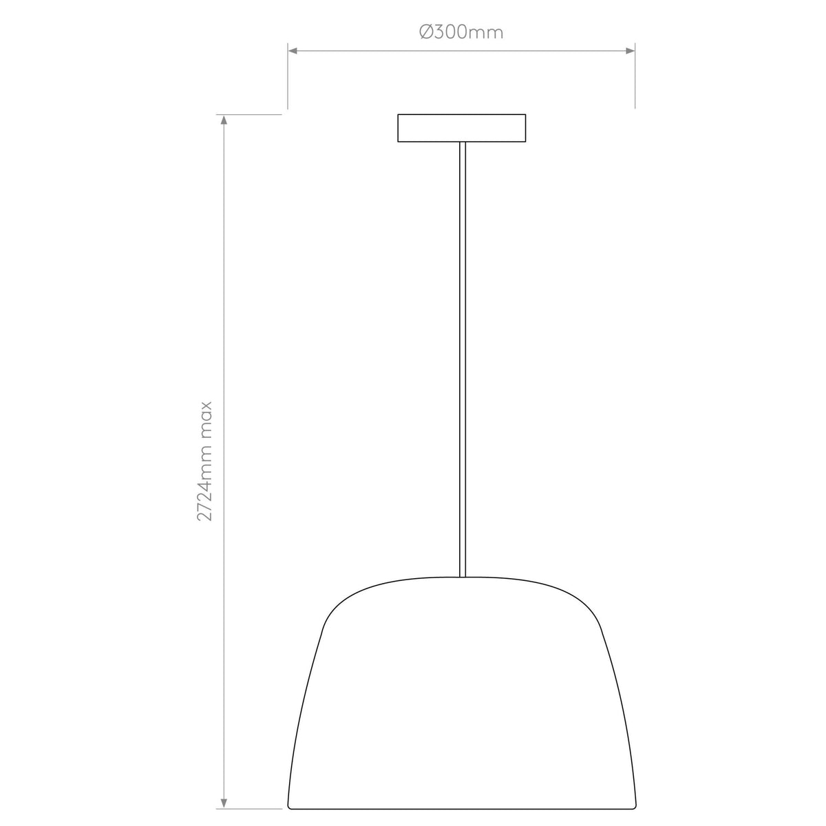 Line drawing of a pendant light with dimensions. Diameter 300mm, maximum height 2724mm