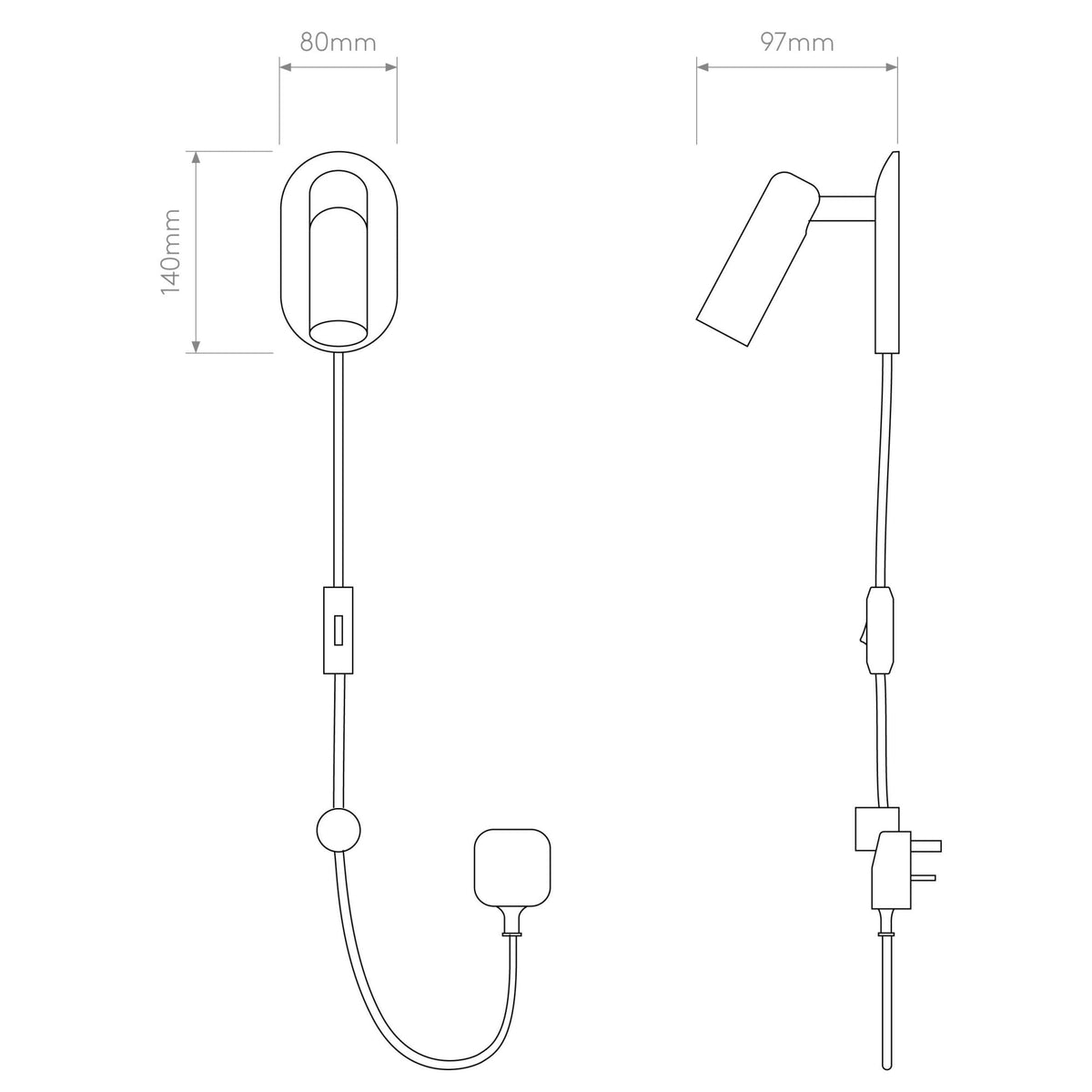Line drawing of a wall-mounted light fixture with dimensions 140mm height, 80mm width, and 97mm depth