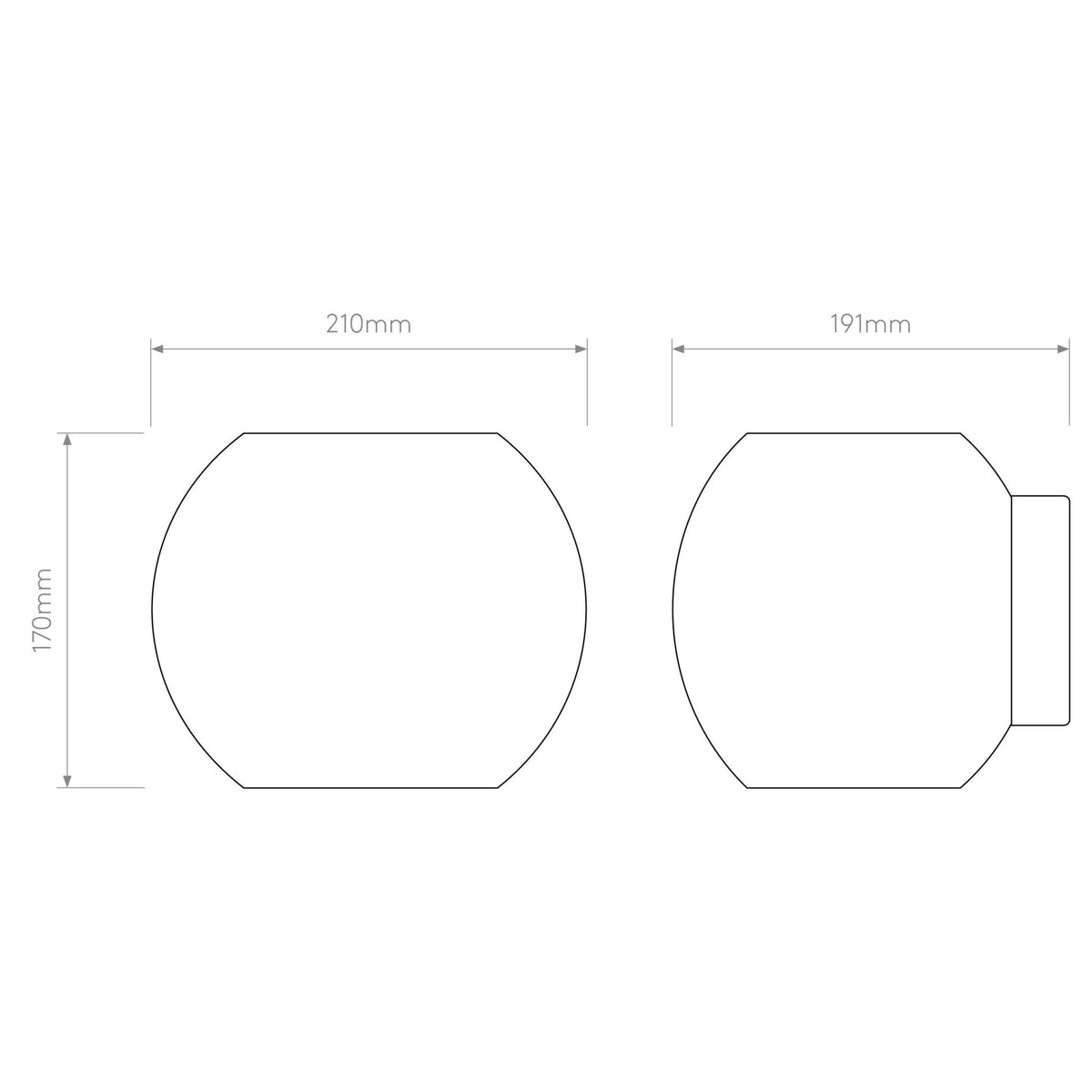 Line drawing of a light fixture with dimensions: 210mm wide, 170mm high, and 191mm deep