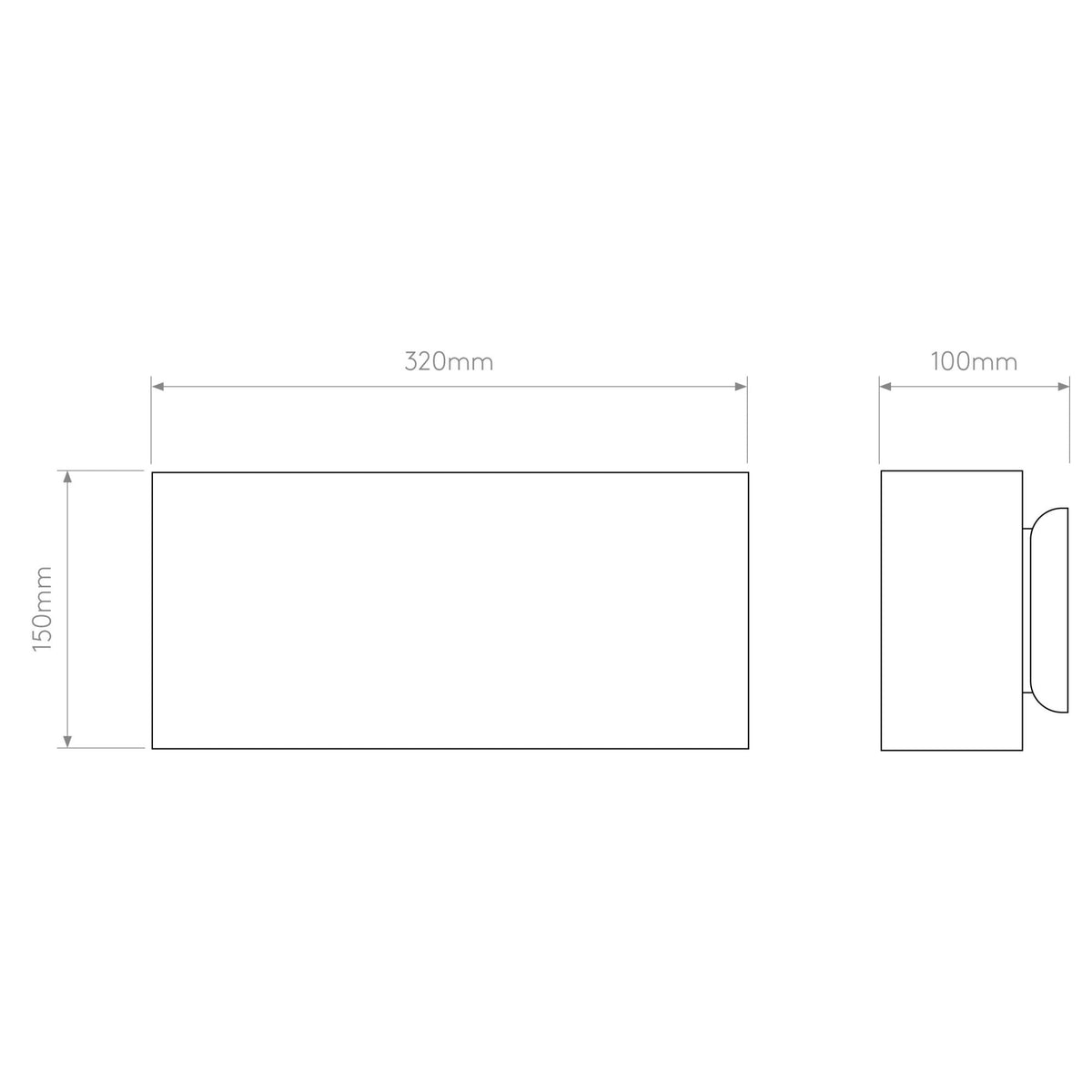 Technical drawing of a rectangular light fixture with dimensions 320mm width, 150mm height, and 100mm depth