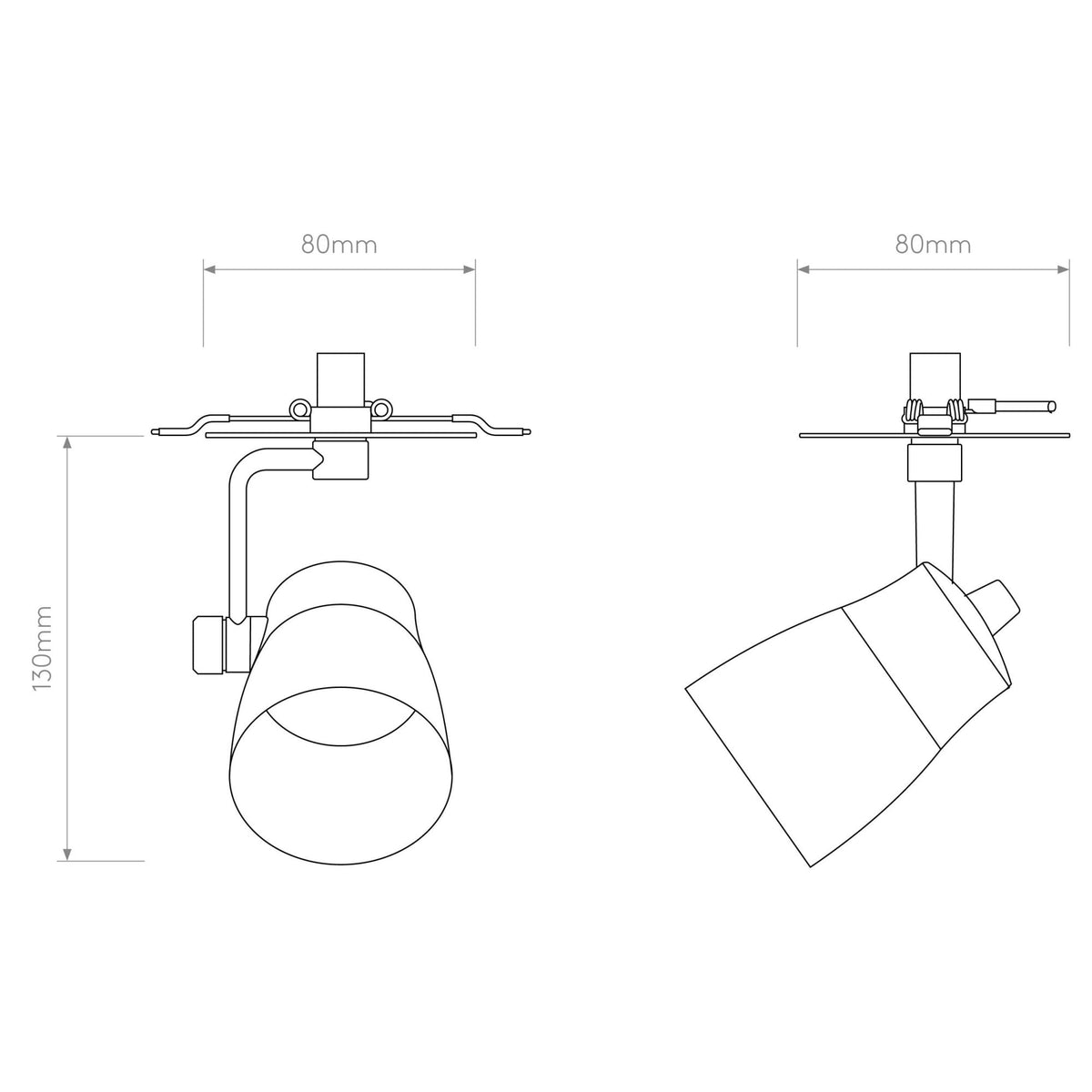 Technical drawing of a ceiling spotlight with dimensions 80mm width and 130mm height