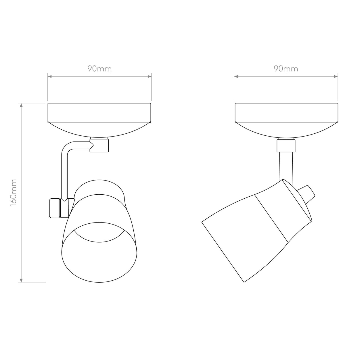Technical drawing of a ceiling spotlight with dimensions 90mm width and 160mm height