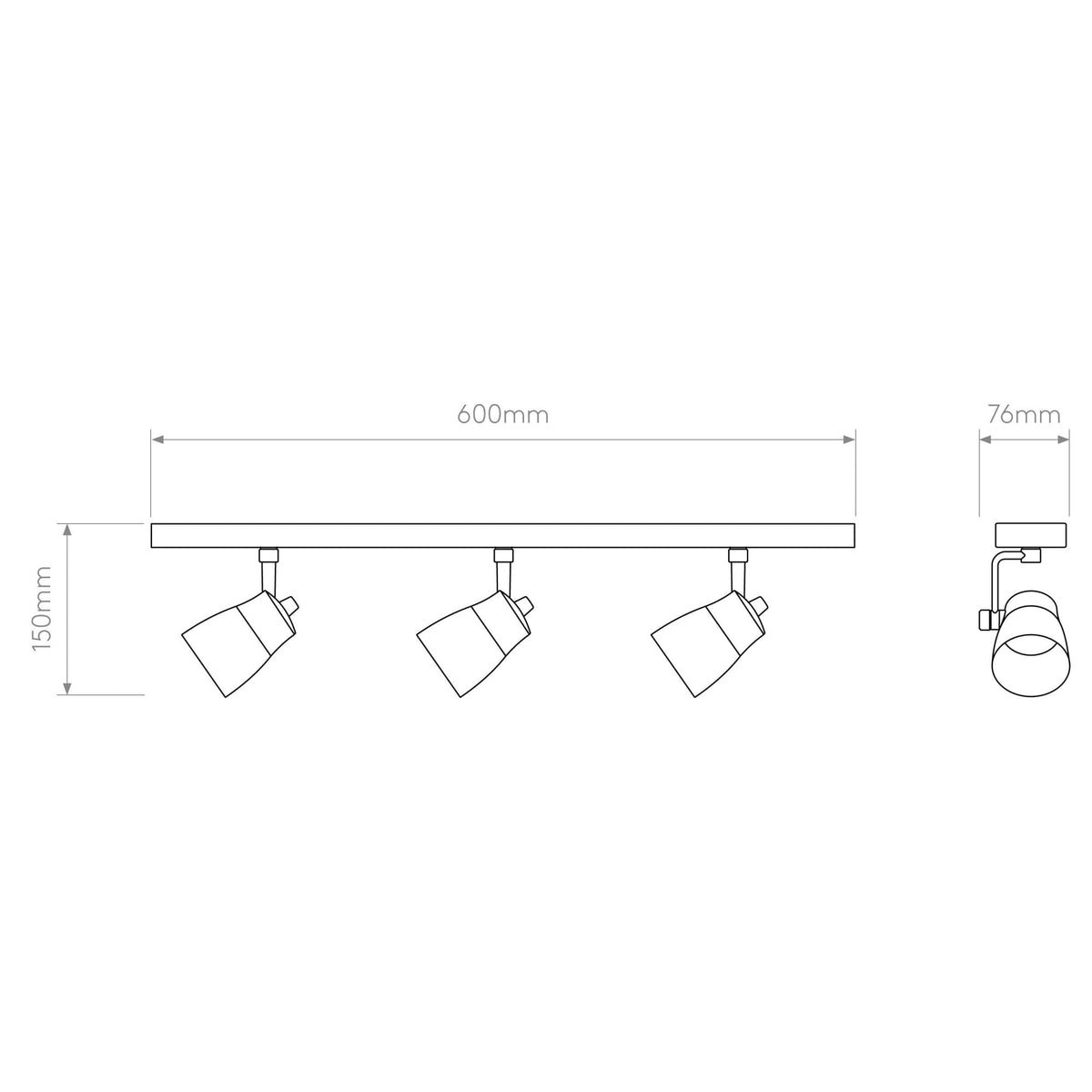 Line drawing of a three-spotlight track light with dimensions 600mm length, 150mm height, and 76mm width