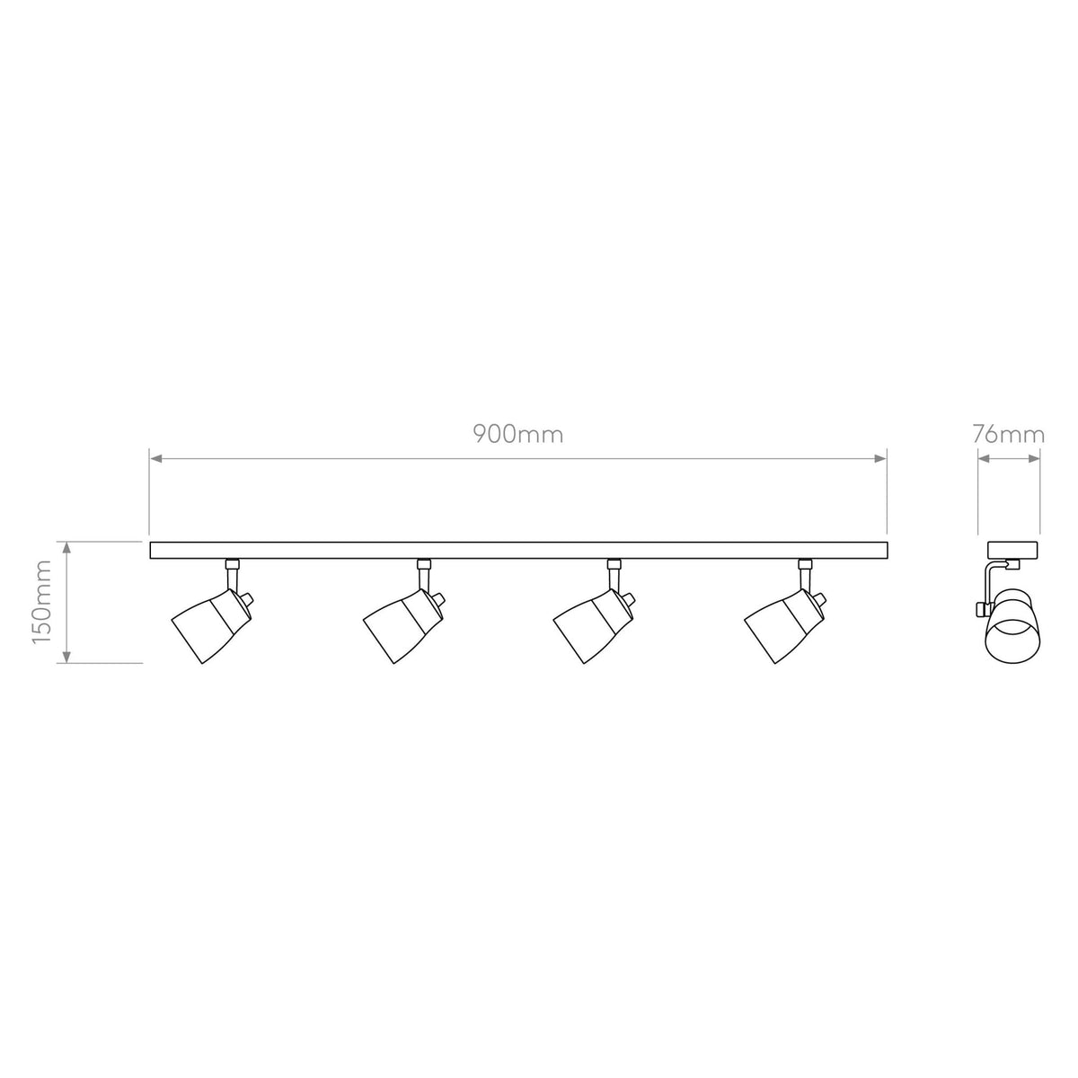 Technical drawing of a four-light track fixture with dimensions 900mm length, 150mm height, and 76mm width