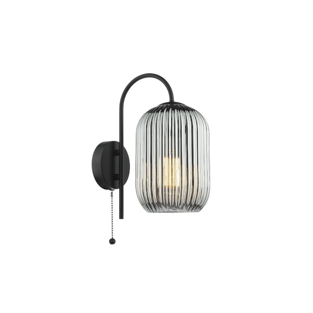 Idra Switched Wall Light In Matt Black With Smoked Ribbed Glass Shade