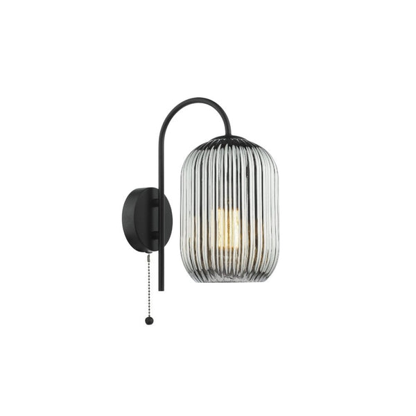 Idra Switched Wall Light In Matt Black With Smoked Ribbed Glass Shade