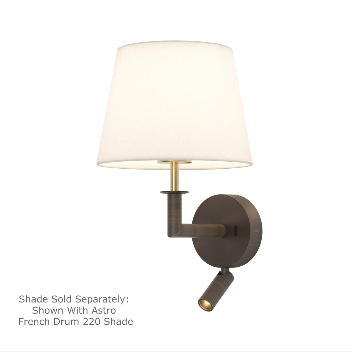 Bronze wall light with a white fabric shade and an adjustable spotlight